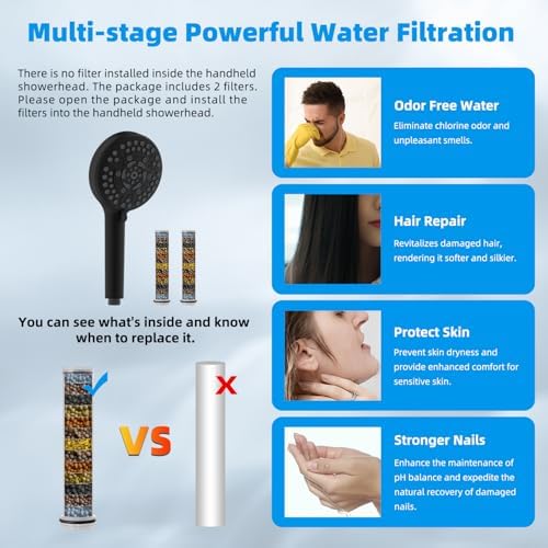 Hibbent All Metal 10'' Dual Filtered Rainfall Shower Head Combo, High Pressure Handheld Shower Head with 16'' Adjustable Extension Arm, 20 Stage Shower Filter, 10-spray, 71'' Shower Hose, Matte Black