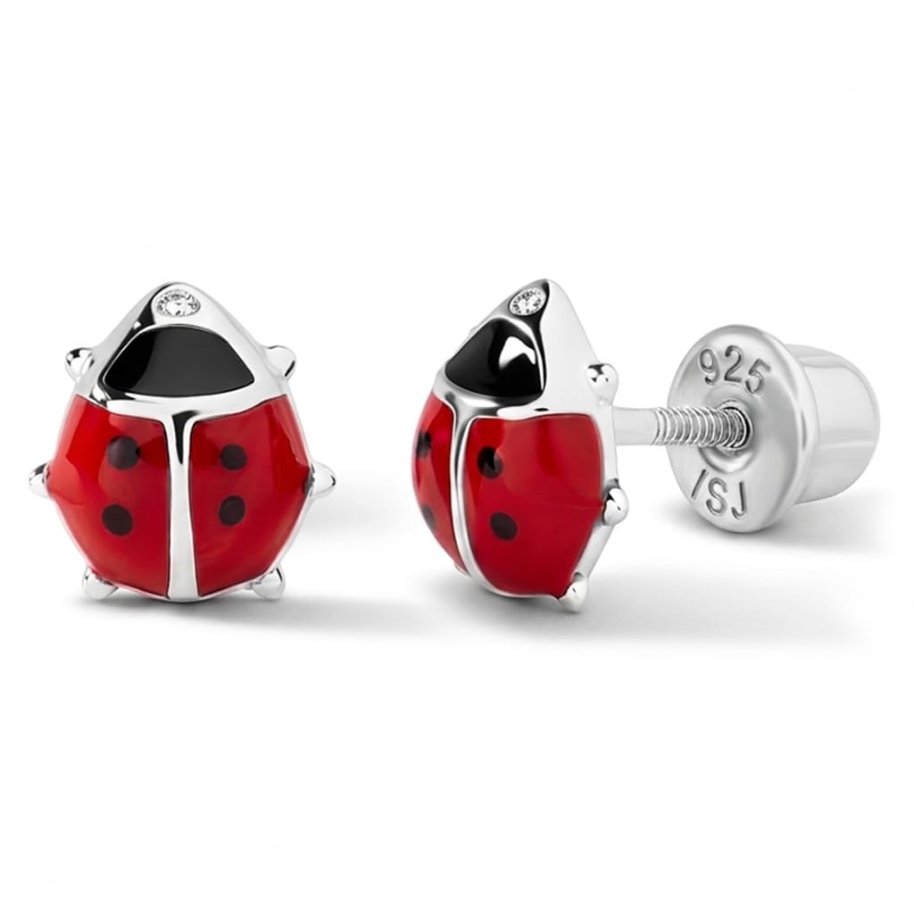 925 Sterling Silver Kids Red Ladybug Stud Earrings with Hypoallergenic Safety Screw Back for Young Girls & Toddlers - Animal Lover earrings Gift for Toddlers to Pre-Teens