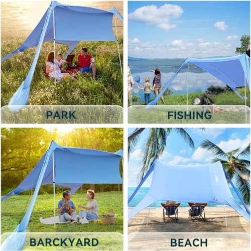 FBSPORT Beach Tent Sun Shelter, Portable Beach Shade Canopy UPF50+ with Sandbags for Outdoor Family Camping, Fishing, Backyard Fun, Picnic, 7 x 7ft