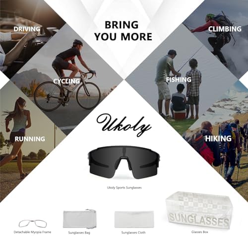 Ukoly Cycling Sunglasses for Men Women with 3 Interchangeable Lenses, Polarized Sports Sunglasses, Baseball Sunglasses