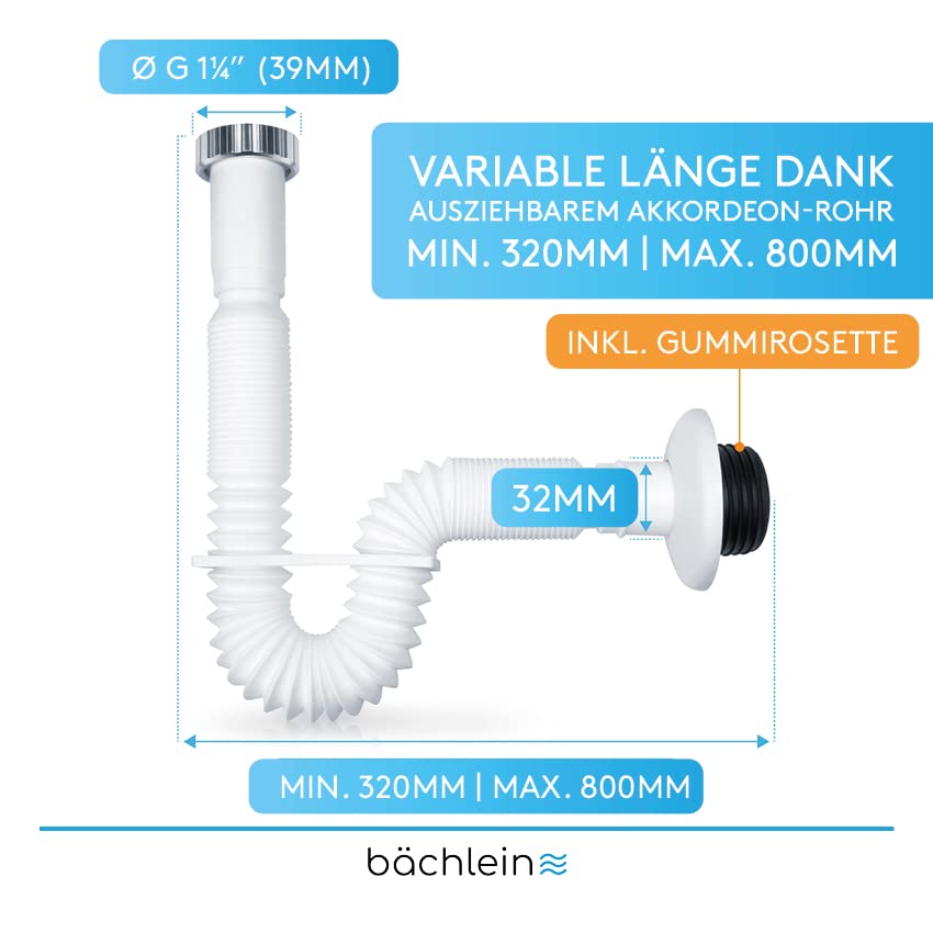 Bächlein Flexible Drain Hose for washbasin - G 1 1/4" x 32 mm, extendable from 320-800mm, Odour Trap Individually Adjustable