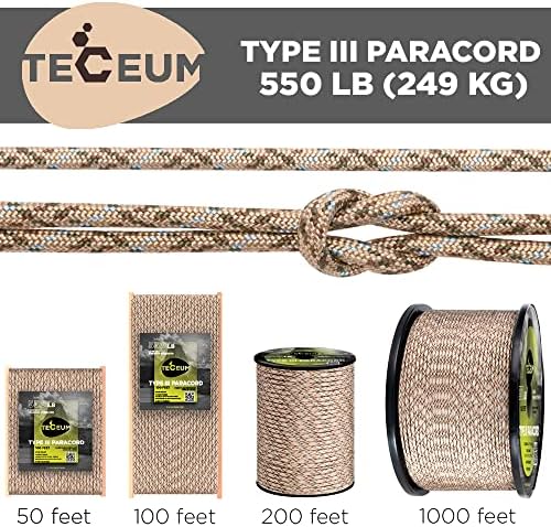 TECEUM 5/32" Paracord Rope 1000 – 1000ft / 200ft / 100ft / 50ft – Tactical Parachute Cord 4mm – 45+ Colors – Nylon String for Survival & Camping Gear – Stripe Cord for Survival – Utility Rope