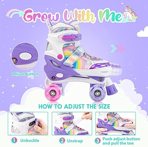 SULIFEEL Rainbow Unicorn 4 Size Adjustable Light up Roller Skates for Girls Boys for Kids