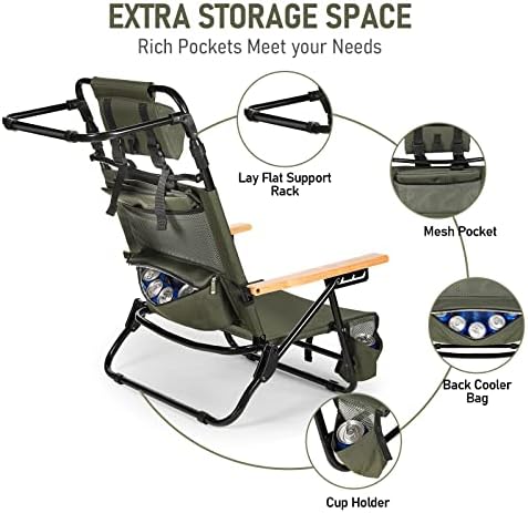 REALEAD Reclining Beach Chairs for Adults, Extendable High Back Beach Chair with Headrest and Cooler Pouch, 4-Position Lay Flat Folding Beach Chairs Heavy Duty Support 330LB