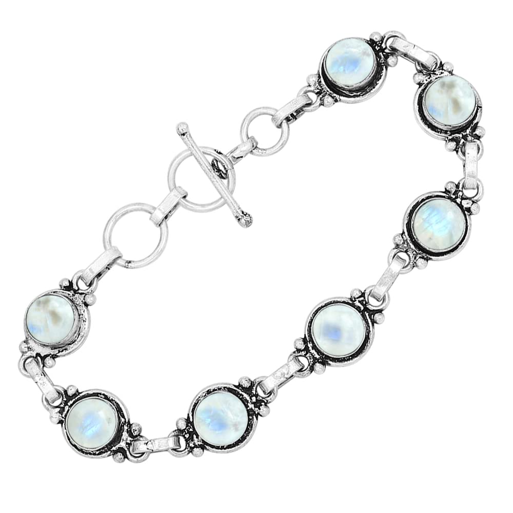 Natural Moonstone 925 Silver Plated Round Gemstone Link Bracelet for Women