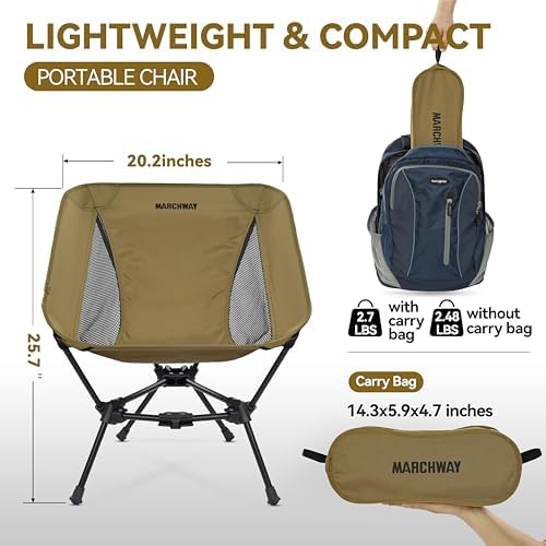 MARCHWAY Lightweight Folding Camping Chair, Stable Portable Compact for Outdoor Camp, Travel, Beach, Picnic, Festival, Hiking, Backpacking, Supports 330Lbs (Khaki)