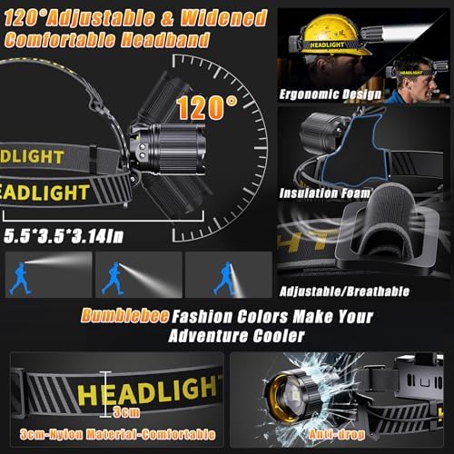 Led Headlamp Rechargeable, Super Bright HeadLamps 60H Long Battery Life with Sensor, Zoomable Head lamp with 12 Modes, IPX7 Waterproof, 120°Adjustable Headlight for Forehead, Working, Camping, Hiking