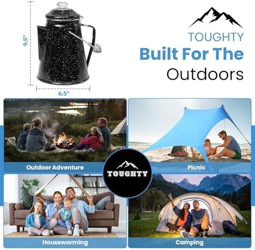Toughty Enamel Coffee Percolator with 2 Cups - Stovetop Camping Coffee Maker for Open Fire, Grill or Gas Stove - Durable Old-Fashioned Cowboy-Style Metal Pot - 12-cup Classic Design - Black