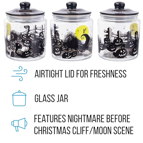Silver Buffalo Disney Tim Burton Nightmare Before Christmas Moon Hill Graveyard Scene Jack Skellington and Sally Glass Cookie Snack Candy Jar with Lid (Small)
