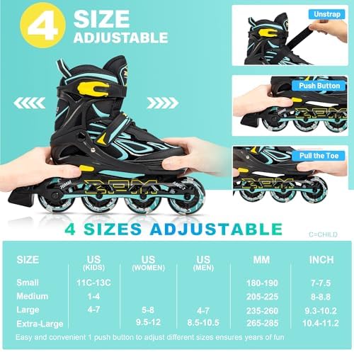 2PM SPORTS Vinal Girls Adjustable Flashing Inline Skates, All Wheels Light Up, Fun Illuminating Skates for Kids Men Adult Women and Boys