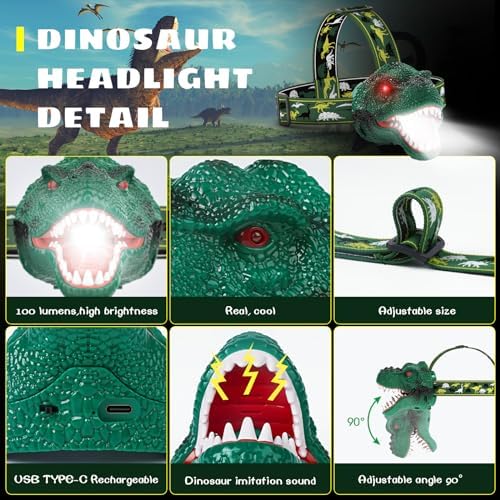 Dysaim Kids Headlamp,Rechargeable T-Rex Dinosaur Headlamp for Kids and LED Head Lamp Camping Gear Flashlight,Hiking Accessories Headlight Toys,Four Light Modes Suitable for Reading/Party Gift