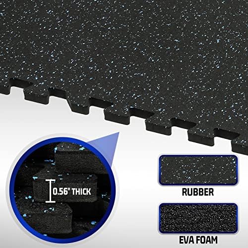 SUPERJARE 0.56'' Thick 12 Pcs 48 Sq Ft Rubber Top Exercise Equipment Mats, High Density EVA Foam Mats with Rubber Top, Interlocking Gym Flooring for Home Gym, Protective Workout Mat, Black/Blue