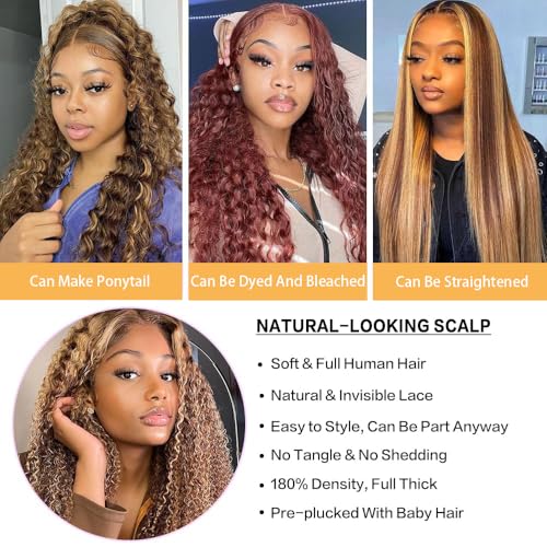 Honey Blonde 13x6 Deep Wave Lace Front Wigs Human Hair 30 inch 4/27 Highlight Ombre Deep Wave HD Transparent Lace Front Wigs Pre Plucked 200% Density Wet And Wavy Curly Lace Frontal Wig for Women