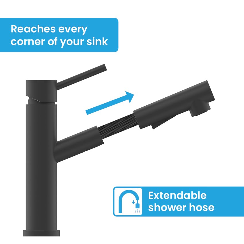 Bächlein Kitchen Faucet (Matt Black) - Single-Lever Sink Mixer Made of Stainless Steel with Extendable Hose and Shower with Switch Button, Water Tap for The Kitchen