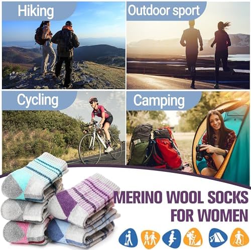 Anlisim Merino Wool Hiking Socks for Women Thermal Winter Warm Boot Work Cushion Socks 5 Pairs