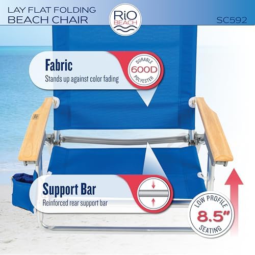 RIO beach Classic 5-Position Lay-Flat Folding Beach Chair, 30.8" x 24.75" x 29.5", Cool Blue Stripes, Pink/White/Beige/Black, 1 Count (Pack of 1)