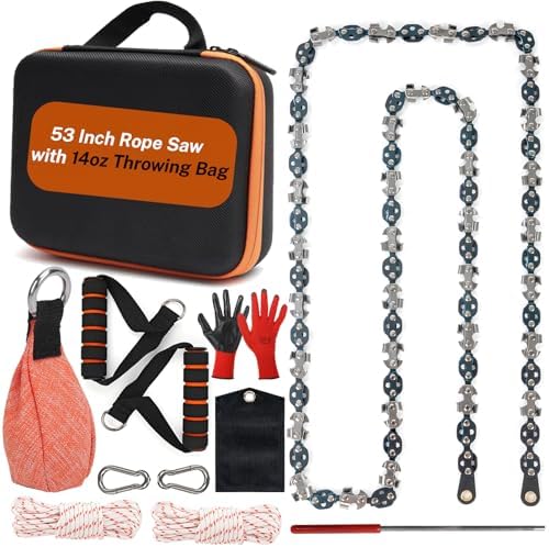 53 Inch High Limb Rope Saw with 14oz Throw Weight Bag, Hand Chainsaw with 68 Sharp Teeth Blades on Both Sides, Hand Rope Chain Saw Kit Includes Ergonomic Handles and Storage Case
