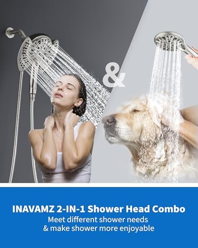 2-in-1 Shower Head With Handheld Combo: 2.5GPM Rainfall & Detachable Use Together or Alone, 9 Spray Settings Hand Held With Hose, Nickel