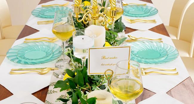 YOUBET 125PCS Clear Green Plastic Plates with Gold Rim - Green and Gold Plastic Plates Include 25 Dinner Plate 25 Dessert Plate 75 Disposable Silverwares for Wedding & Party & Christmas