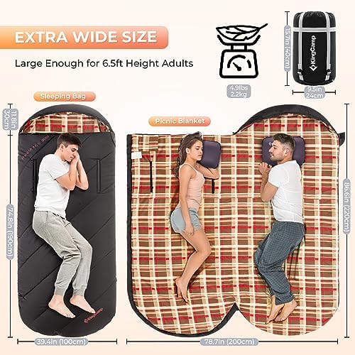 KingCamp Sleeping Bag for Adults, Cold Weather & Warm Extra Wide Big & Tall XL Portable Waterproof Flannel Sleeping Bags, Essentials Gear Accessories for Camping Backpacking Hiking Indoor & Outdoor