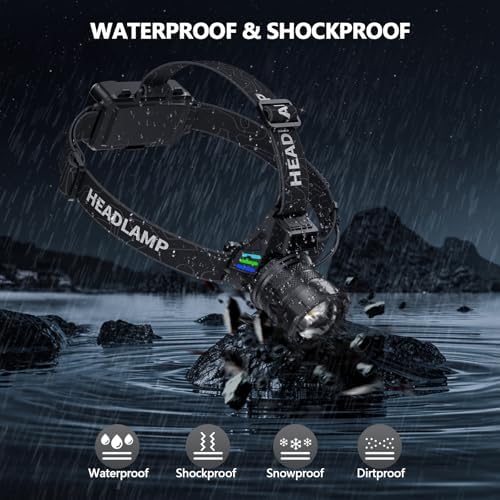 Headlamp Rechargeable 2000 High Lumens Super Bright LED Head Lamp for Adults Battery Powered,Tactical Waterproof Zoomable Digital Display Headlamps for Hardhat Hunting Camping Hiking Fishing Running