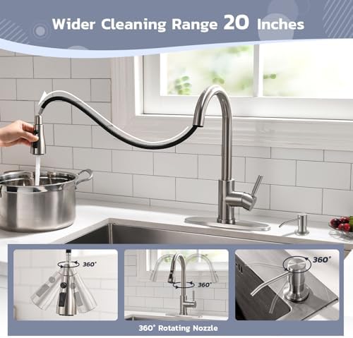 WEWE Kitchen Sink Faucet with Soap Dispenser, Kitchen Faucet with Pull Down Sprayer 3 Modes Stainless Steel Single Handle Single Hole Pull Out Brushed Nickel Faucet for Bar Laundry RV Utility Sink
