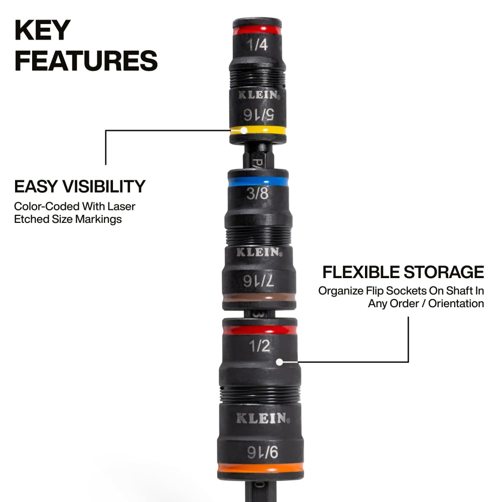 Klein Tools 32933 Klein Tools 32933 Impact Driver, SAE 7-in-1 Impact Rated Socket Set, 3 Flip Sockets with 6 Hex Driver Sizes and 1/4-Inch Bit Holder, 5-Inch Shaft