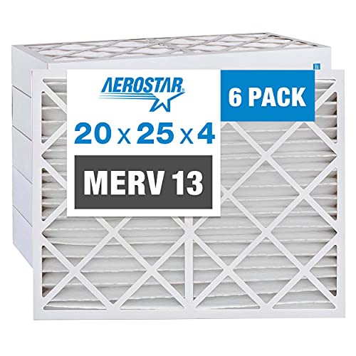 Aerostar 20x25x4 MERV 13 Pleated Air Filter, AC Furnace Air Filter, 6 Pack (Actual Size: 19 1/2"x24 1/2"x3 3/4")