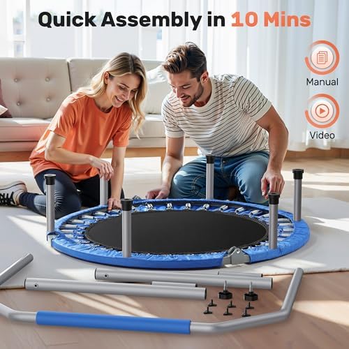 BCAN 40/48" Foldable Mini Trampoline Max Load 330lbs/440lbs, Fitness Rebounder with Adjustable Foam Handle, Exercise Trampoline for Adults Indoor/Garden Workout