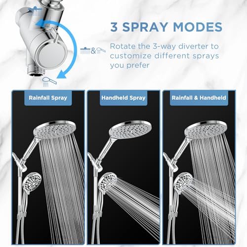 Dual Handheld Shower Head Combo, 2-in-1 Rain Shower Heads System 8 Inch Rainfall Shower Head and 10 Modes High Pressure Hand Held Showerhead with Built-in Power Wash