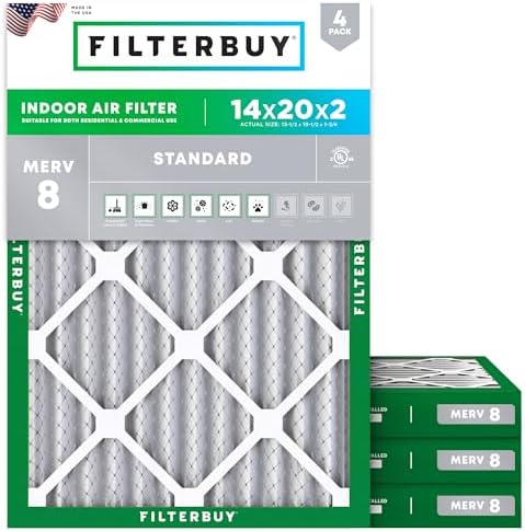Filterbuy 14x20x2 Air Filter MERV 8 Dust Defense (4-Pack), Pleated HVAC AC Furnace Air Filters Replacement (Actual Size: 13.50 x 19.50 x 1.75 Inches)
