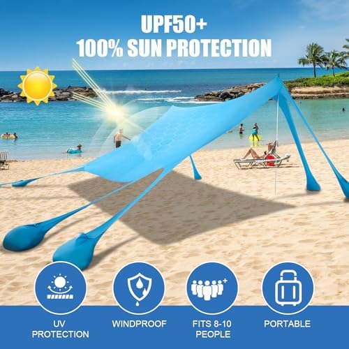 Beach Tent Sun Shelter, Beach Shade Canopy UPF50+, 10x10ft Canopy Tent with 8 Sandbags, Sand Shovels, Ground Pegs & Stability Poles, Pop Up Shade Tent for Beach, Camping, Fishing