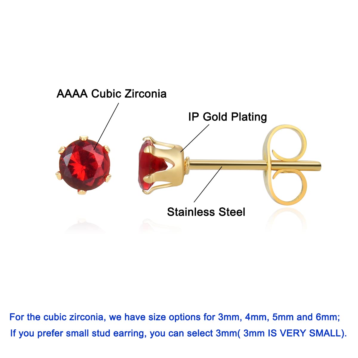 12 Pairs 18K Gold Plated Surgical Stainless Steel Stud Earring, Cubic Zirconia CZ Stud Earrings for Women, Multicolor Birthstone Stud Earrings Set 4mm (Prong 4mm)