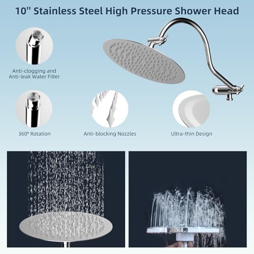 Hibbent All Metal Shower Head, 10'' High Pressure Rainfall Shower Head/Handheld Showerhead Combo with 12'' Adjustable Curved Shower Extension Arm, 7-Spray, 71'' Shower Hose, Shower Head Holder, Chrome