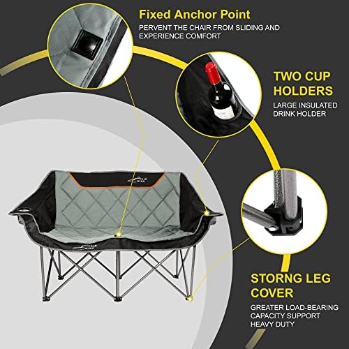 FAIR WIND Oversized Fully Padded Camping Chair Folding Loveseat Camping Couch Double Duo Chair Heavy Duty Quad Fold Arm Chair with Cup Hold - Supports 650 LBS Black