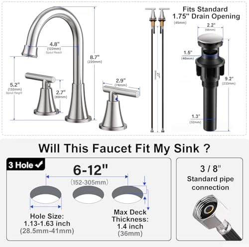 Bathroom Faucets for Sink 3 Hole, Hurran Brushed Nickel Bathroom Sink Faucet with Pop-up Drain and Supply Lines, Stainless Steel Lead-Free Widespread Faucet for Vanity RV Farmhouse Sink