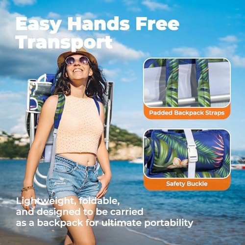 Tall Beach Chairs for Adults – 5-Position Reclining Backpack Chair with Large Insulated Cooler & Storage Pocket, Aluminum Frame, Portable for Travel & Outdoor, Supports 300lbs, Tropical Palm