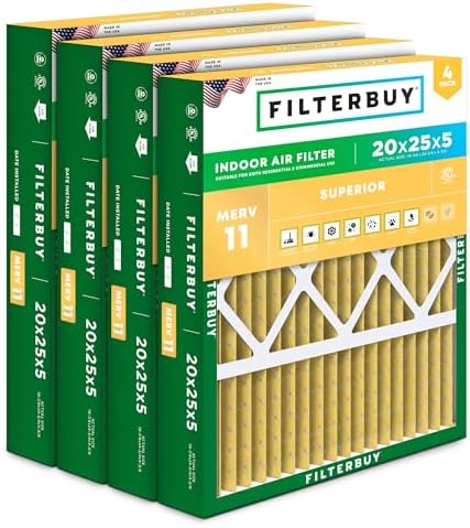 Filterbuy 20x25x5 Air Filter MERV 11 Allergen Defense (4-Pack), Pleated HVAC AC Furnace Air Filters for Honeywell FC100A1037, Lennox X6673, Carrier, & More (Actual Size: 19.88 x 24.75 x 4.38 Inches)