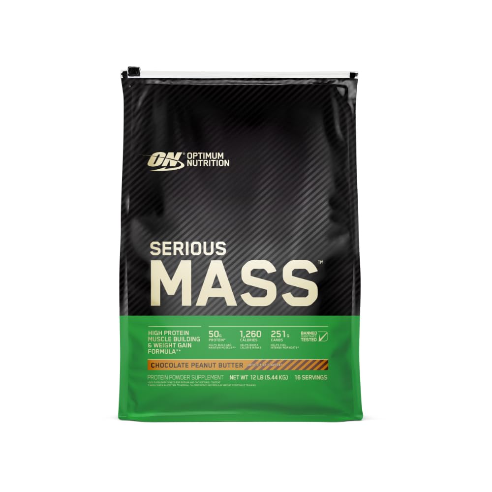 Optimum Nutrition Serious Mass, Weight Gainer Protein Powder, Mass Gainer, Vitamin C and Zinc for Immune Support, Creatine, Chocolate Peanut Butter, 12 Pound (Packaging May Vary)
