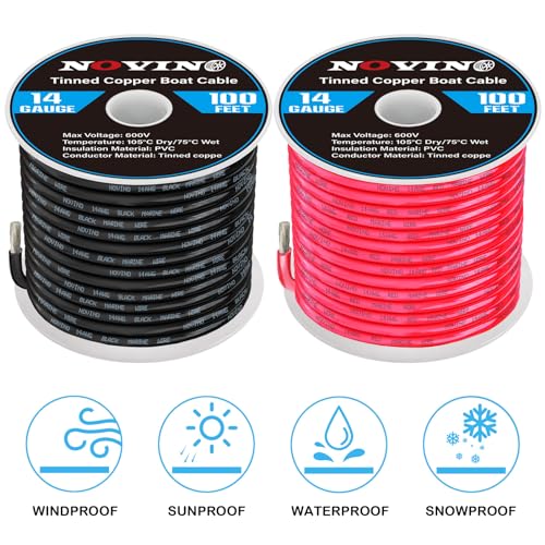 14 Gauge Marine Wire Include 14 AWG 100FT Red & 100FT Black,14 Gauge Marine Grade Wire Tinned Copper Oxygen-Free Boat Electrical Cable for Automotive/RV/Camper/Trailer Outdoor Use