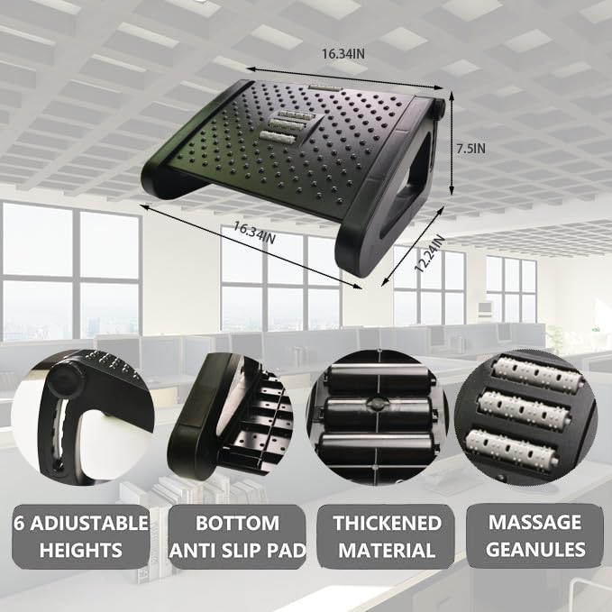 Jakarl Office Foot Rest Under Desk, Ergonomic Adjustable Foot Rest at Work with Massage Roller,Foot Stools for Under Office Desk (6 Heights Adjustable)