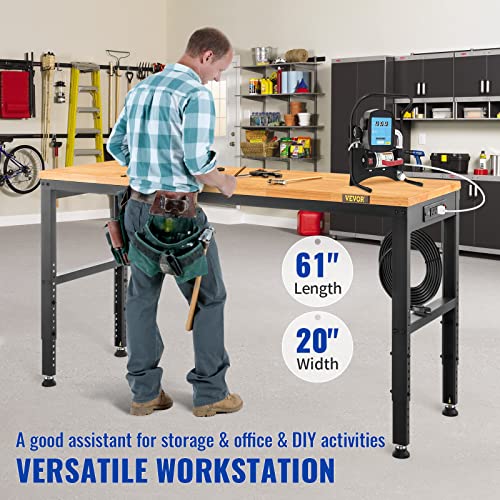 VEVOR 60" Adjustable Workbench, Heavay Duty Workstation 2000 LBS Load Capacity, with Power Outlets & Rubber Wood Top & Metal Frame & Foot Pads, for Workshop Office Home Garage