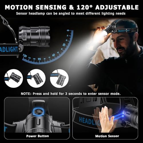 LED Headlamp Rechargeable, 2000 Lumens Super Bright Head Lamp with Motion Sensor, 5 Modes & 120°Adjustable & IPX7 Waterproof USB Rechargeable Headlight for Outdoor Camping, Running, Cycling, Climbing