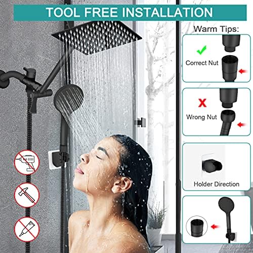Shower Head, 12ββ High Pressure Rainfall/Handheld Shower Combo with 11'' Extension Arm, 9 Settings, Anti-leak Shower Head with Holder, Height/Angle Adjustable, Matte Black