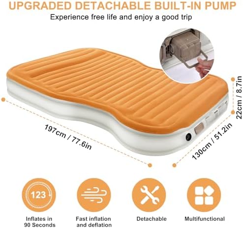 KMZ SUV Air Mattress with Built-in Pump & 2 Pillows, Thickened Flocked PVC, Quick 90-Seconds Inflation Air Bed, Portable & Durable Car Air Bed for Camping, Travel, Truck