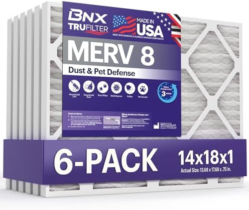 BNX TruFilter 14x18x1 Air Filter MERV 8 (6-Pack) - MADE IN USA – Dust & Pet Defense Electrostatic Pleated Air Conditioner HVAC AC Furnace Filters for Dust, Pet, Mold, Pollen MPR 600 – 700 & FPR 5