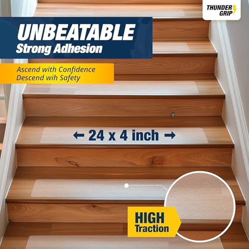 24"x4" Clear Non-Slip Stair Treads for Wooden Steps (18-Pack) - Self Adhesive Strips - Transparent Indoor