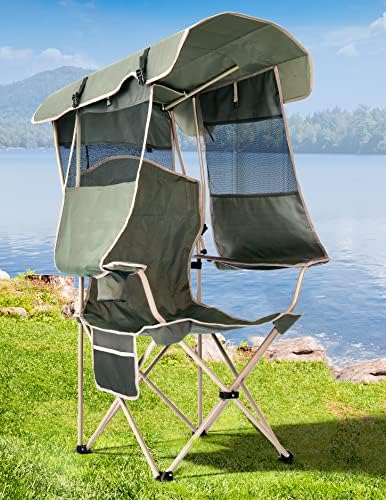 Beach Chair with Canopy Shade, Folding Camping Chair with Canopy with Cup Holder, Side Pocket for Camp, Beach, Tailgates, Fishing - Support 330 LBS