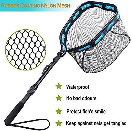 PLUSINNO Floating Fishing Net for Steelhead, Salmon, Fly, Kayak, Catfish, Bass, Trout Fishing, Rubber Coated Landing Net for Easy Catch & Release, Compact & Foldable for Easy Transportation & Storage