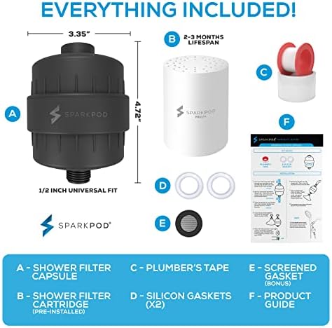 SparkPod 23 Stage Shower Head Filter for Dry Hair and Skin - High Output Universal Shower Filters to Remove Toxic Chemicals, Chlorine & Heavy Metals (Midnight Black Matte)